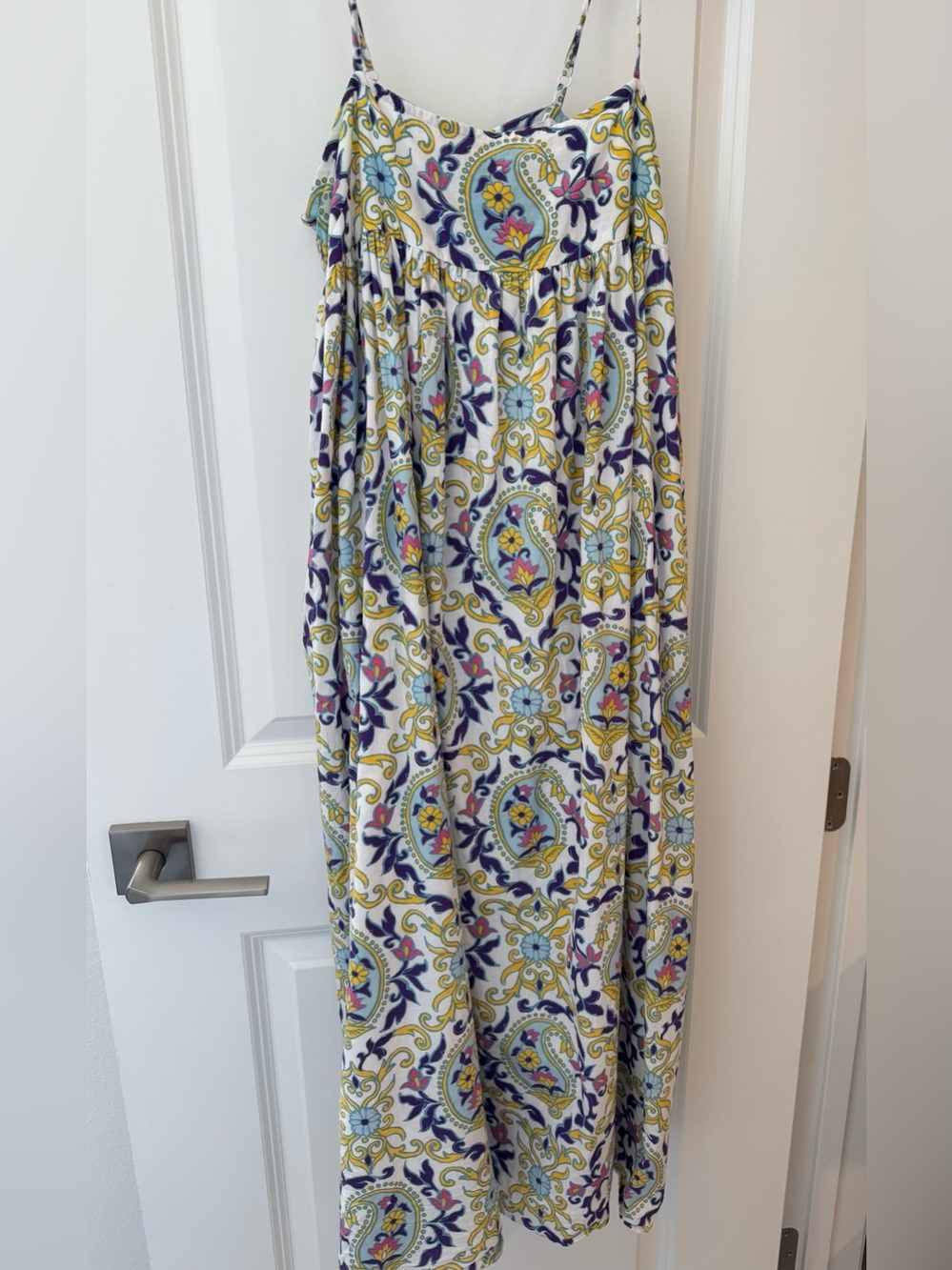 Banjanan White Maxi Dress with Yellow, Blue & Purple Paisley
